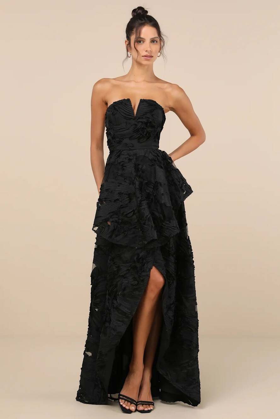 NWT Lulus Majestic Glam Black Strapless Textured High-Low Maxi Dress Size M